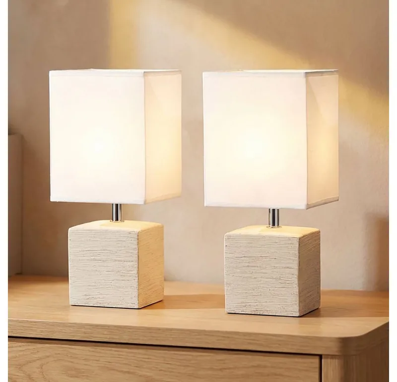 LED Tischleuchte, Leuchtmittel inklusive, Warmweiß, LED Tischleuchte Stoff Nachttischlampe Beistellleuchte Keramik 2er Set de Globo en Blanc – photo produit