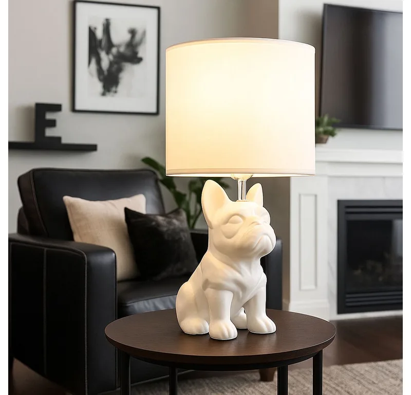 Tischleuchte, Leuchtmittel nicht inklusive, Tischleuchte Nachttischlampe Leselampe Hund Keramik Textil H 40cm von Globo in Weiß – Produktfoto