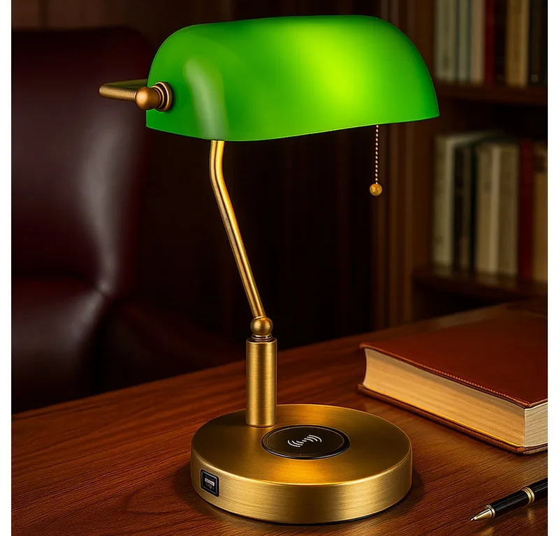 LED Tischleuchte, Leuchtmittel inklusive, Warmweiß, Tischlampe Bankerlampe Tischleuchte kabelloses Laden Retro LED H 36 cm de Globo – photo produit