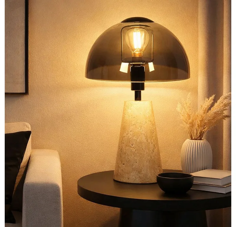 LED Tischleuchte, Leuchtmittel inklusive, Warmweiß, Tischlampe Tischleuchte Pilz Design Travertin Stein Rauchglas LED 31cm fra Globo i Grå – produktbillede