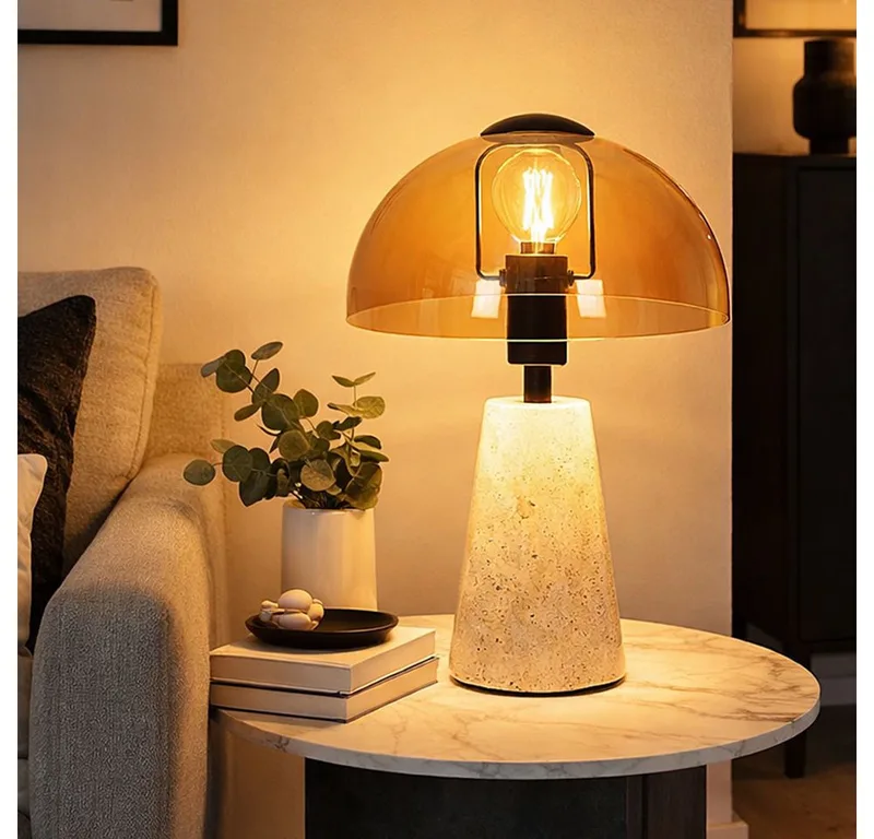 LED Tischleuchte, Leuchtmittel inklusive, Warmweiß, Tischlampe Pilz Tischleuchte Travertin Stein Glas LED H 31 cm de Globo en Amber – photo produit