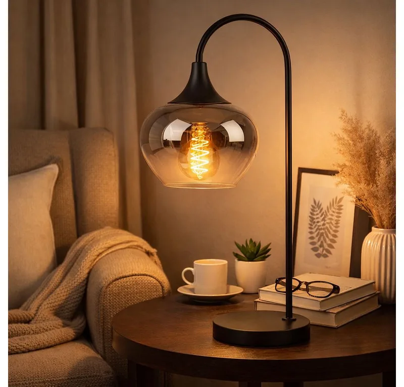 LED Tischleuchte, Leuchtmittel inklusive, Warmweiß, Tischleuchte Beistellleuchte LED Rauchglas Wohnzimmerlampe de Globo en Noir – photo produit