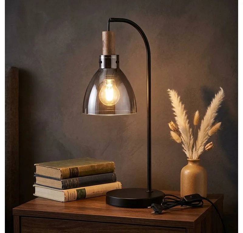 LED Tischleuchte, Leuchtmittel inklusive, Warmweiß, Tischleuchte Nachttischlampe Tischlampe Rauchglas Leselampe LED H 55cm fra Globo i Sort – produktbillede