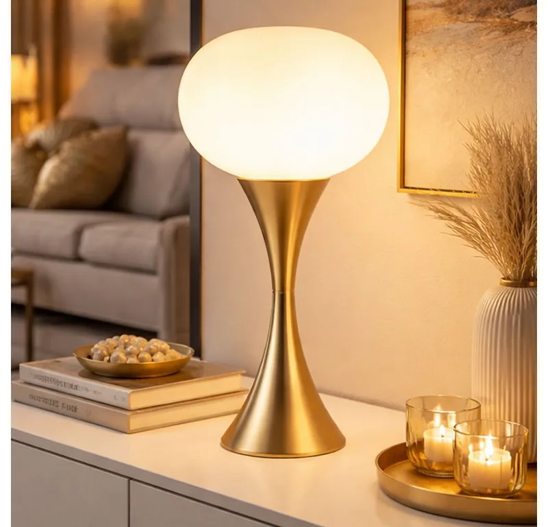 LED Tischleuchte, Leuchtmittel inklusive, Warmweiß, Tischleuchte Tischlampe Wohnzimmerlampe Opalglas LED H36,9 cm by Globo in Brass – product photo