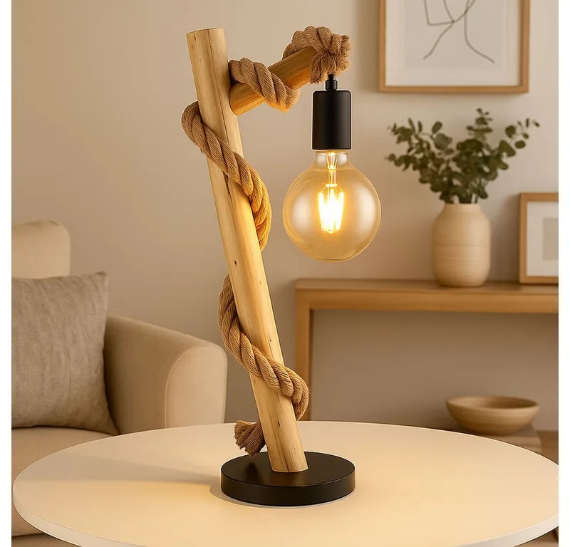 LED Tischleuchte, Leuchtmittel nicht inklusive, Tischlampe Tischleuchte Holzlampe Vintage Hanfseil Schlafzimmerlampe de Globo en Marron – photo produit