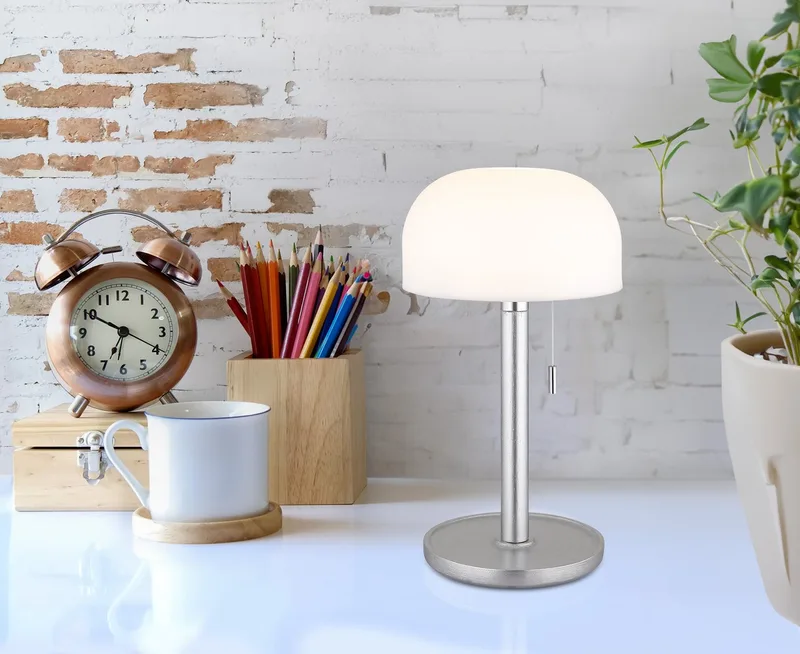 LED Tischleuchte NORMAN, mehrere Helligkeitsstufen, LED fest integriert, warmweiß - kaltweiß, Akkutischleuchte auch für draußen, Zugschalter Kordel, Akkulampe von Globo in Braun, Silber – Produktfoto