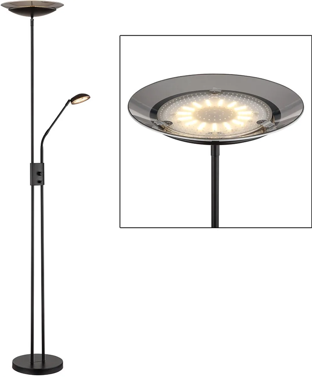LED uplighter vloerlamp woonkamerlamp slaapkamerlamp, metaal zwart glas rookkleurig kunststof, dimbaar leesarm draaibaar Flexo, 18W 1140lm 3000K warm wit, H 178,5 cm von Globo in Grau – Produktfoto