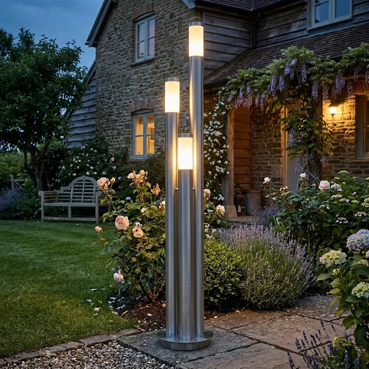 LED vloerlamp buiten groot pad verlichting buiten roestvrij staal tuinlamp 170 cm, 3 zilveren kolommen, 3x 11W 3x 1055lm warm wit, D 28 cm de Globo en Argent – photo produit