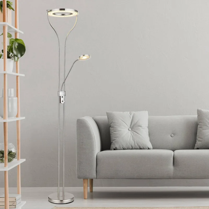 LED vloerlamp Ebro, hoogte 194 cm, nikkelkleurig, 2-lamps. fra Globo i Nikkelkleurig, Chroomkleurig, Satijnen afwerking – produktbillede