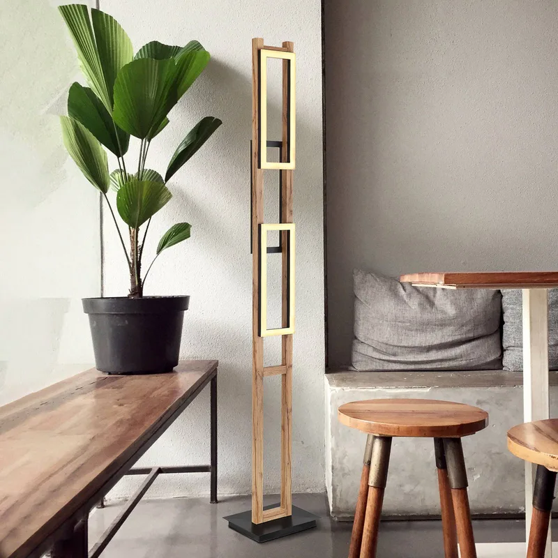 Illa LED-gulvlampe i trædesign fra Globo i Sort, Licht hout, Opaal – produktbillede