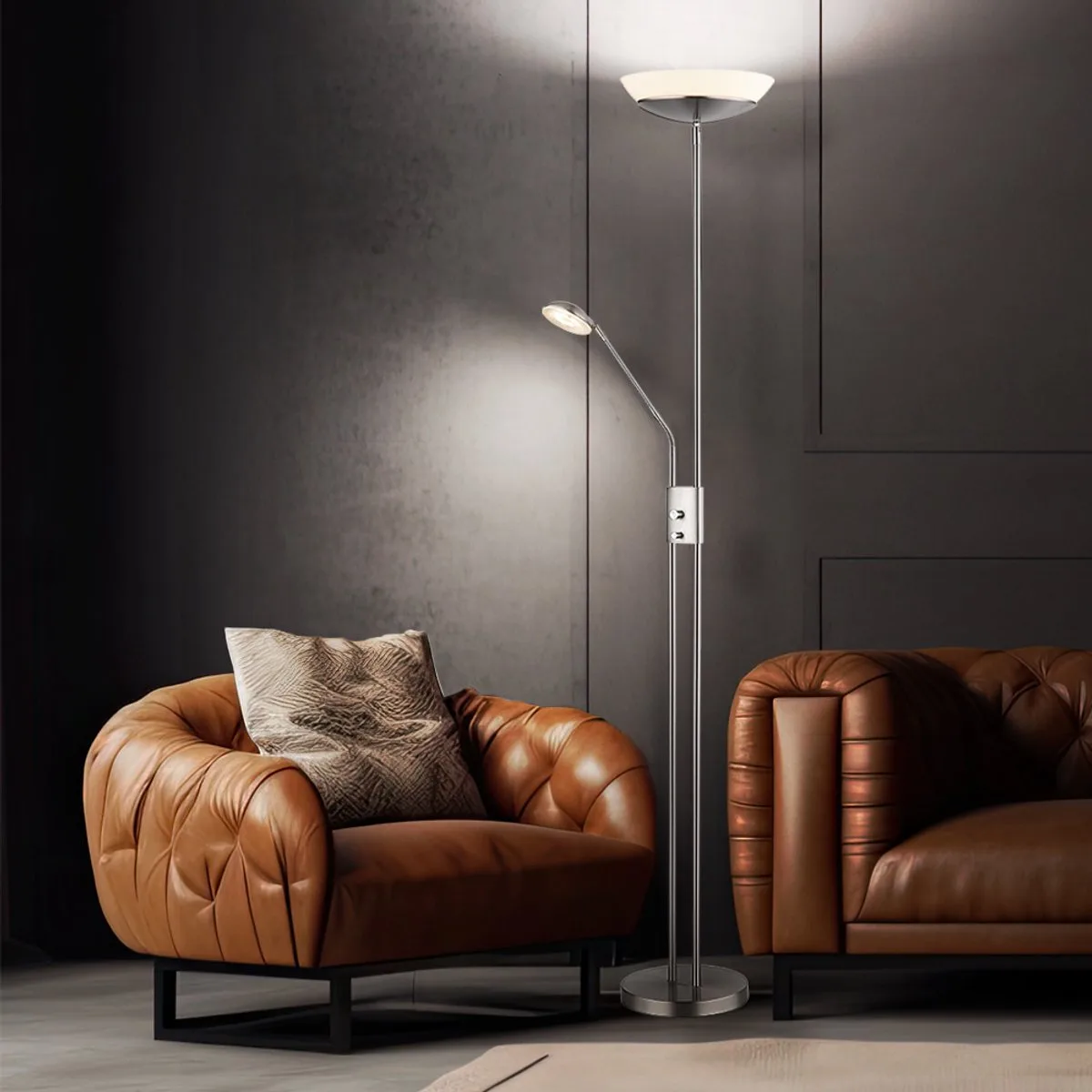 LED vloerlamp uplighter woonkamerlamp slaapkamerlamp, metaal glas kunststof nikkel gesatineerd, dimbaar flexo draaibaar, 18W 1370lm 3000K warm wit, H 180 cm van Globo in Zilver – productfoto