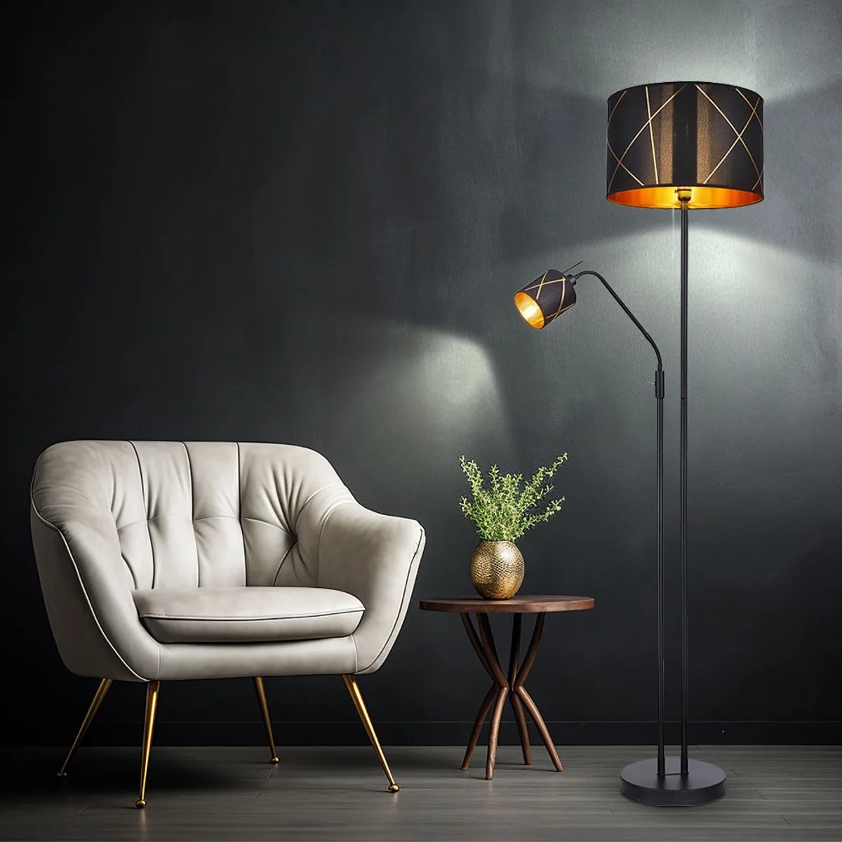 LED vloerlamp woonkamer met leeslamp plafondschijnwerper goud, textielen kap, leeslamp flexibel afzonderlijk schakelbaar, 1x 9W 810Lm 1x 4,9W 470Lm warm wit, DxH 40x175 cm von Globo in Schwarz – Produktfoto