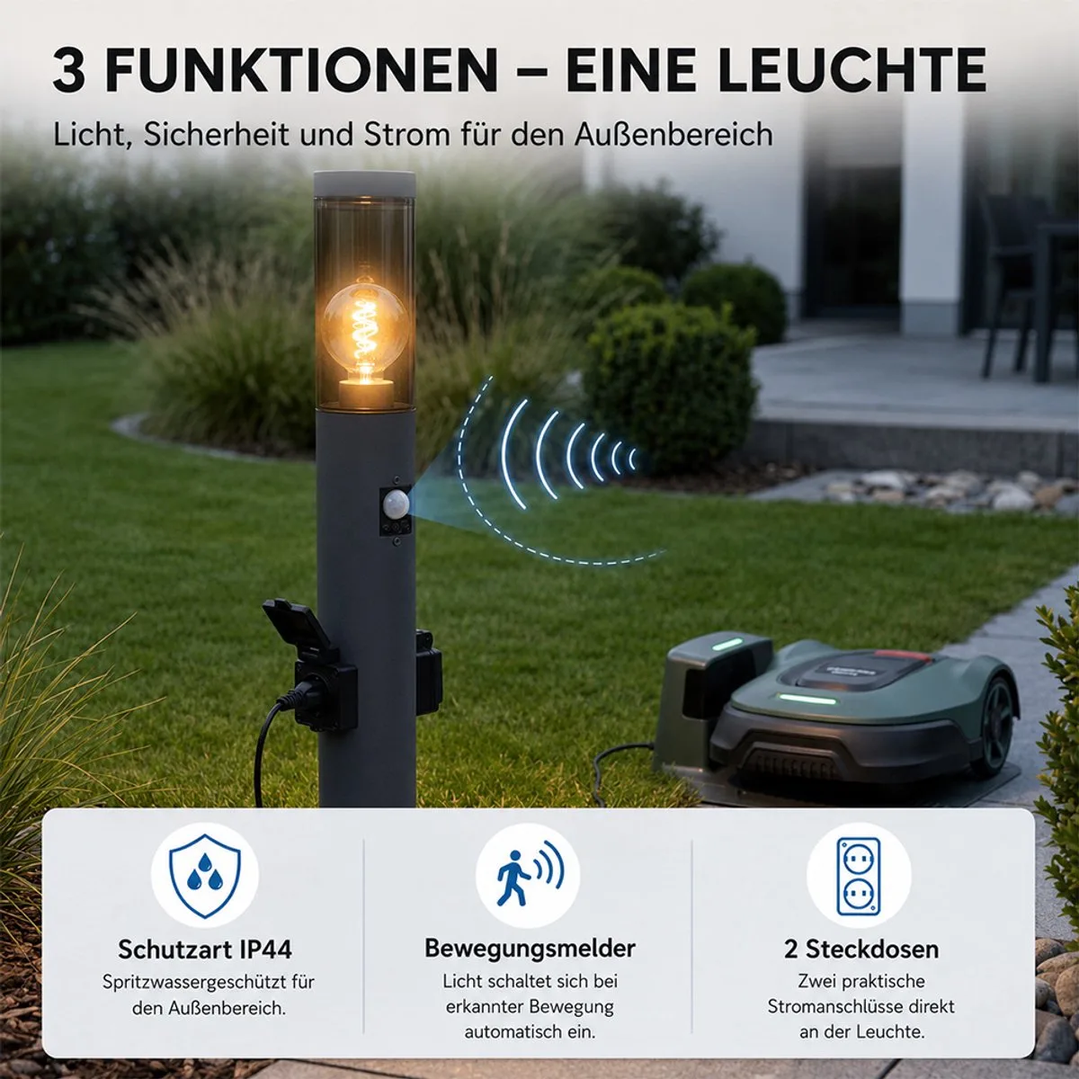 LED-voetlamp met wandcontactdoos en bewegingsmelder Wandcontactdooszuil tuin met verlichting, roestvrij staal, gerookt kunststof, 1x E27 gloeidraad LED warm wit, DxH 7,6x60 cm by Globo in Anthracite – product photo