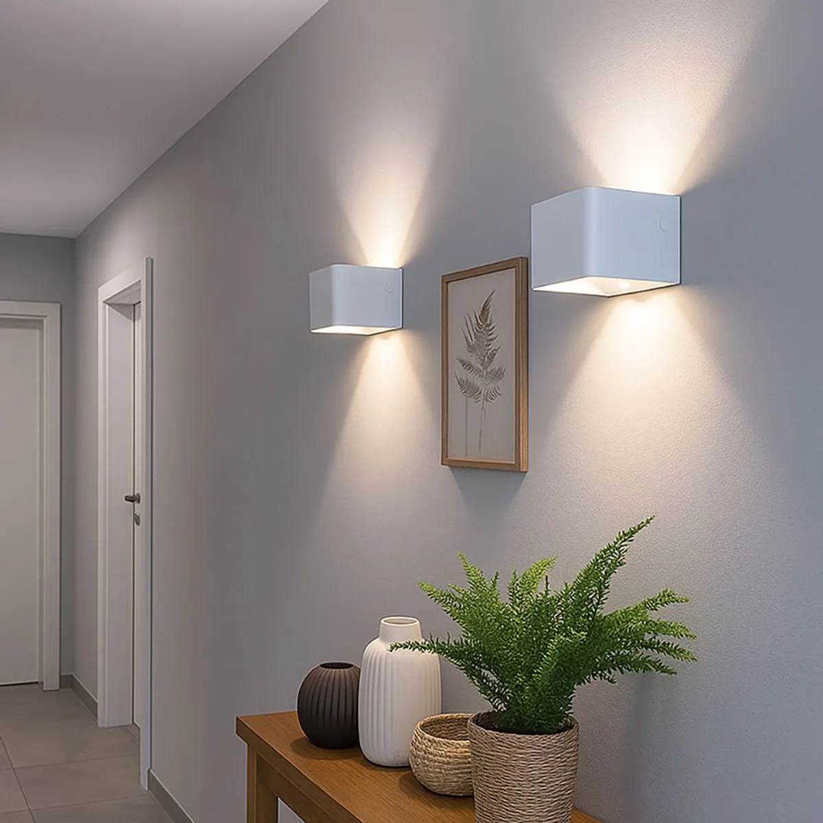 LED wandlamp bewegingsmelder wandlamp oplaadbare batterij woonkamer hal licht omhoog & omlaag, verstelbare lichtkegel, wit, 1W 55Lm warm wit, LxBxH 10,2x10,2x8 cm, set van 2 van Globo in Wit – productfoto
