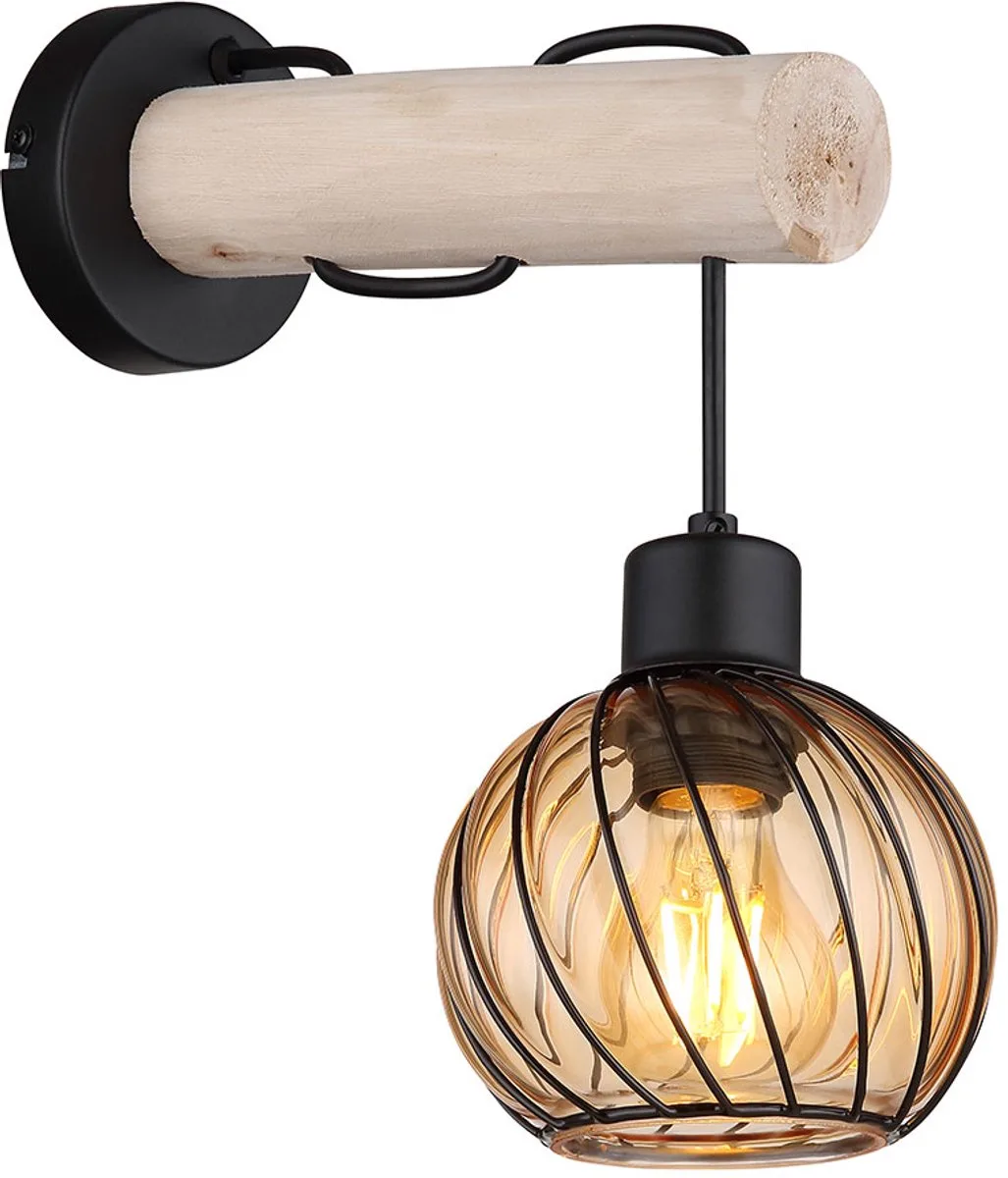 LED wandlamp hout lamp glazen kap ronde wandlamp amber glas woonkamer lamp hout glas amber, metaal, 6W 806Lm warm wit, LxBxH 27x13x30 cm de Globo en Marron – photo produit