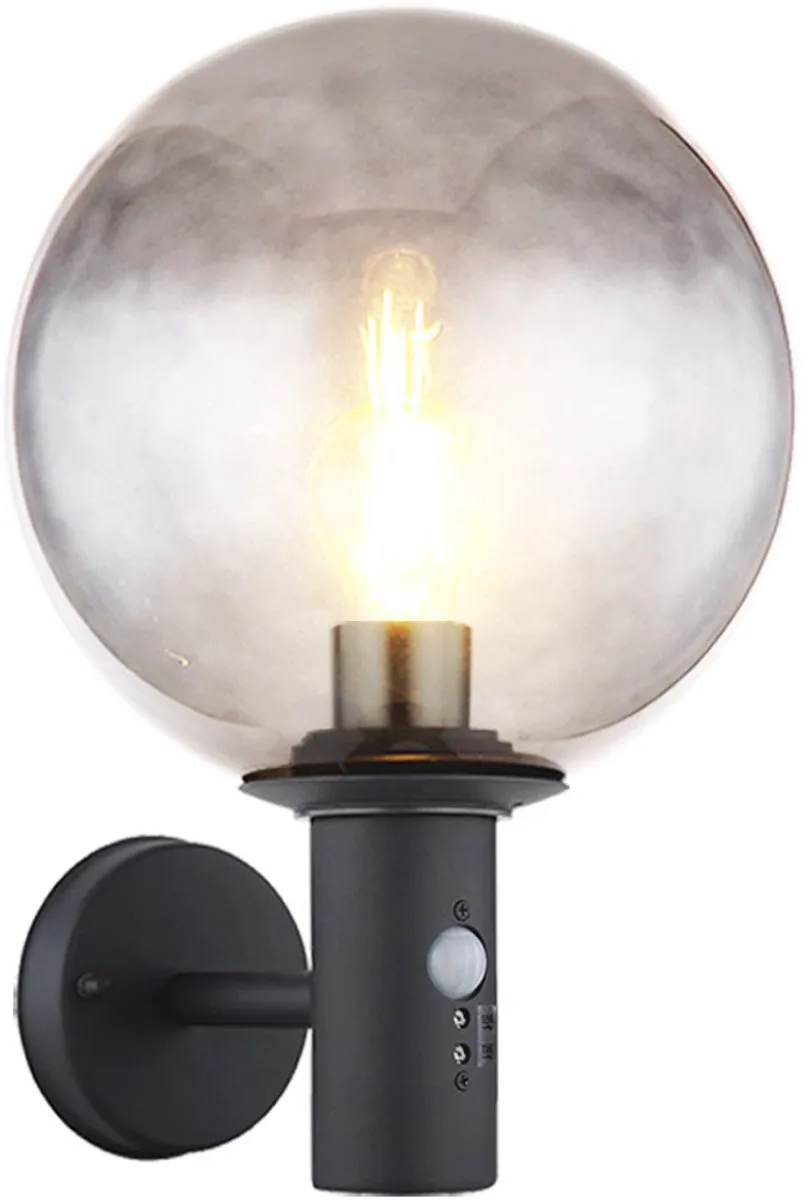 LED wandlamp met bewegingsmelder huis buitenverlichting roestvrij staal, globe, 1x E27 gloeidraad LED warm wit, LxBxH 26,5x25x37 cm fra Globo i Antracit – produktbillede