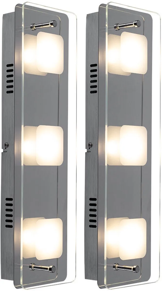 LED wandlamp traplamp ganglamp wandlamp 3 vlammen slaapkamerlamp woonkamerlamp, glas chroom, 3x 5W, 3x 400lm warm wit, BxH 12x42 cm, set van 2 de Globo en Argent – photo produit