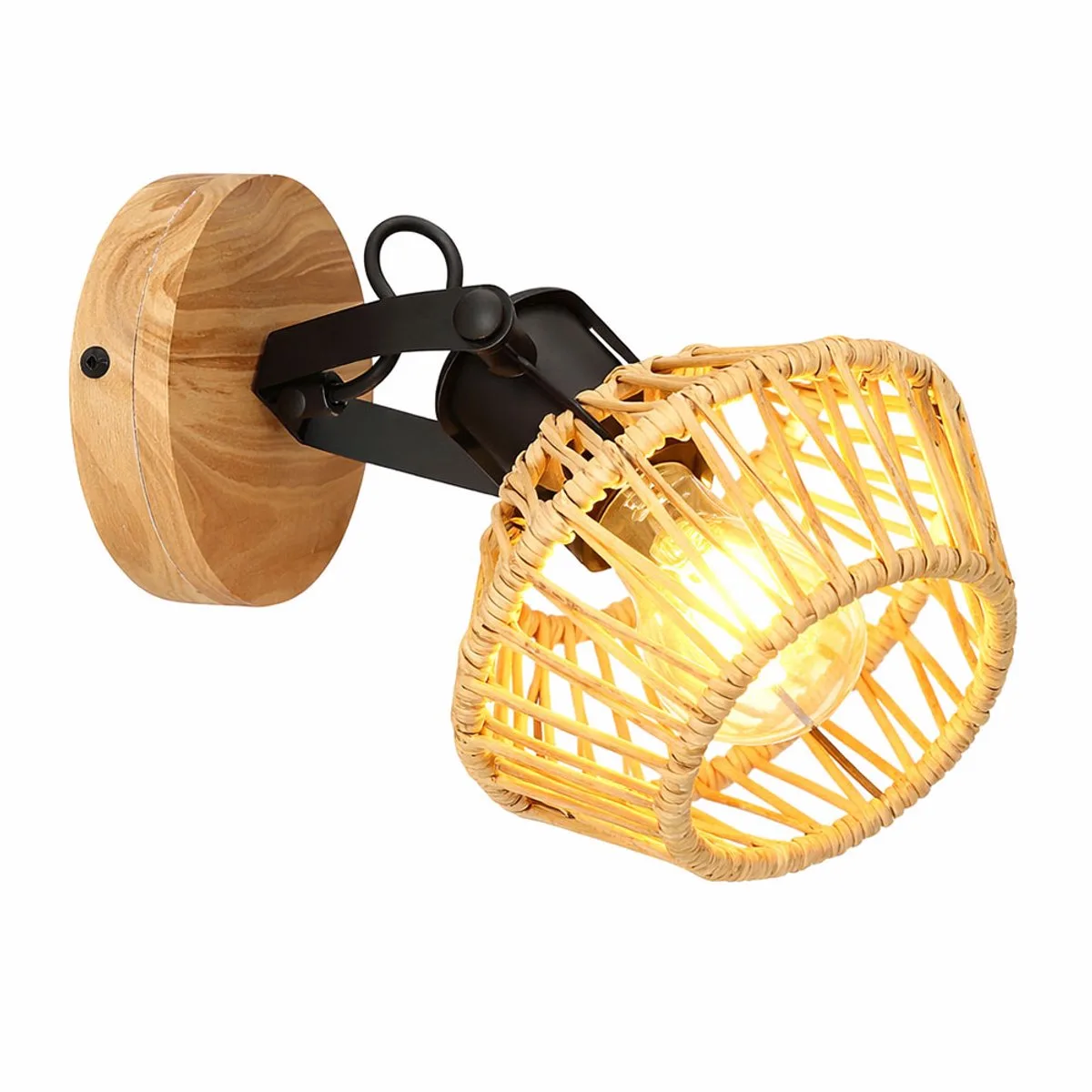 LED wandlamp woonkamerverlichting henneptouw houtlook verstelbaar, metaal zwart, 7W 806lm warm wit, BxH 16x22 cm de Globo en Marron – photo produit