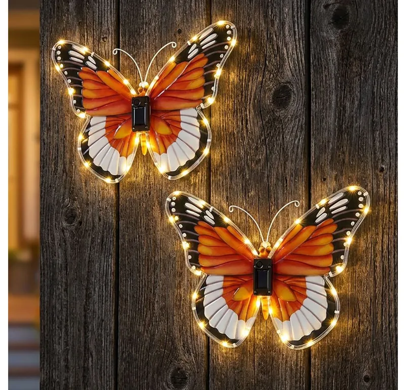 LED Wandleuchte, LED-Leuchtmittel fest verbaut, Warmweiß, 2x Solarlampe Garten Schmetterling B 35 cm von Globo in Mehrfarbig – Produktfoto