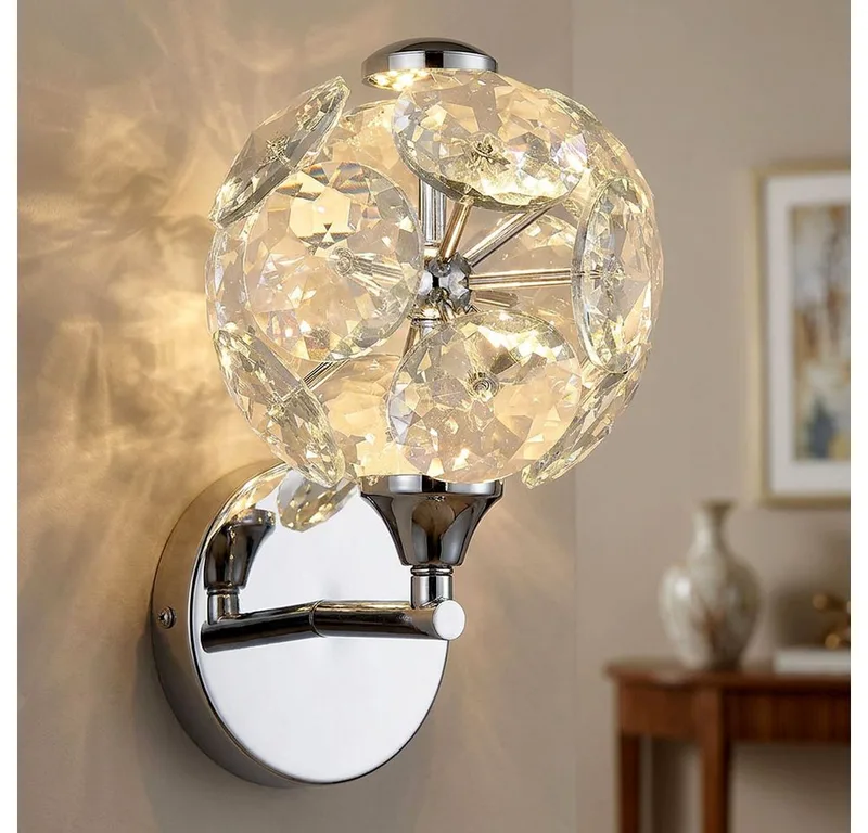 LED Wandleuchte, LED-Leuchtmittel fest verbaut, Warmweiß, LED Wandleuchte Wandlampe Metall chrom Kristalle Warmweiß 3000 Kelvin de Globo en Argent – photo produit