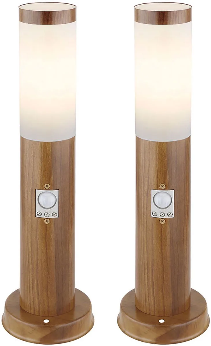 Meerpaal met bewegingsmelder Hout-look buitenlamp roestvrij staal, wit kunststof, 1x E27, DxH 7,6 x 45 cm, set van 2 de Globo en Marron – photo produit