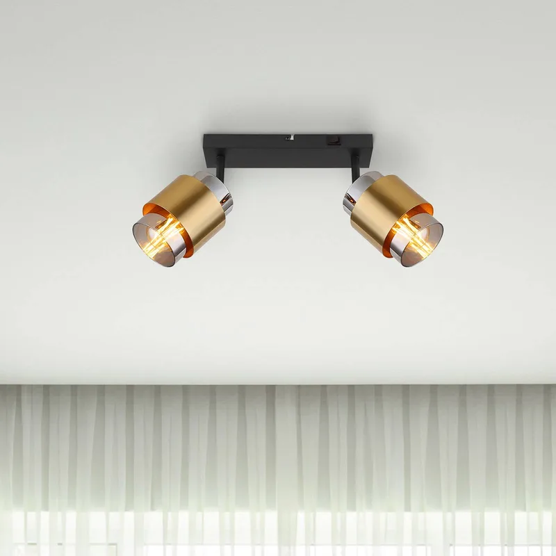 Milley plafondspot, lengte 26 cm, messingkleur, 2-lamps. de Globo en Noir, Laiton, Rookgrijs – photo produit