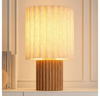 Nachttischlampe, Leuchtmittel nicht inklusive, Tischleuchte Holz Textil Schalter am Kabel Tischlampe H 30 cm fra Globo i Brun – produktbillede 1 af 5