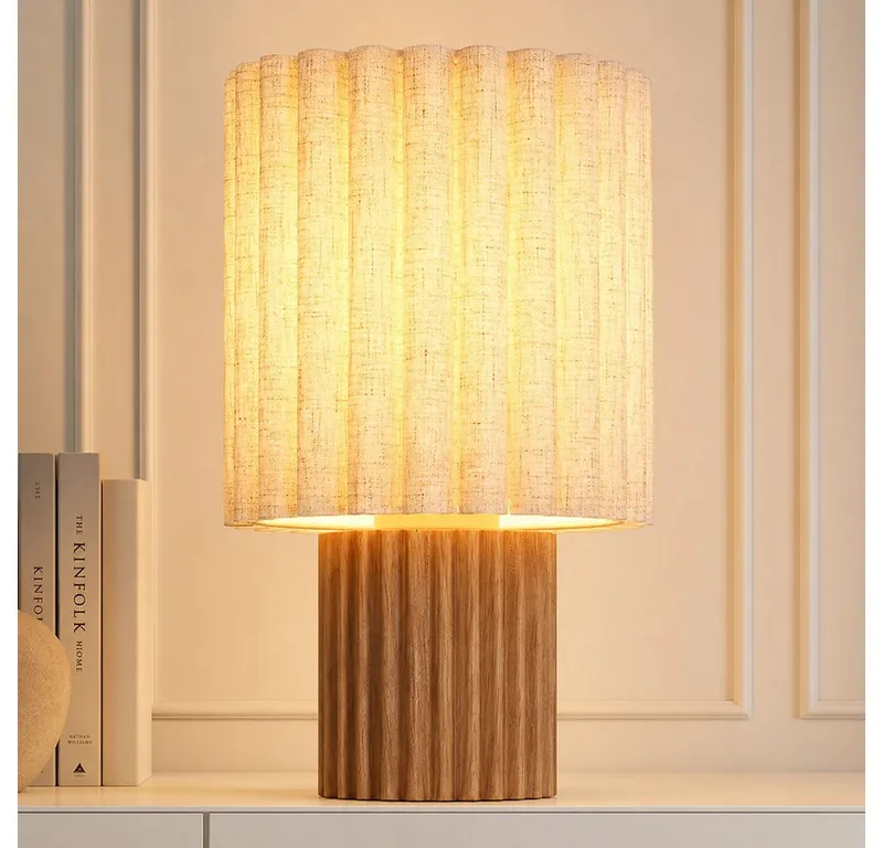 Nachttischlampe, Leuchtmittel nicht inklusive, Tischleuchte Holz Textil Schalter am Kabel Tischlampe H 30 cm fra Globo i Brun – produktbillede 1 af 5