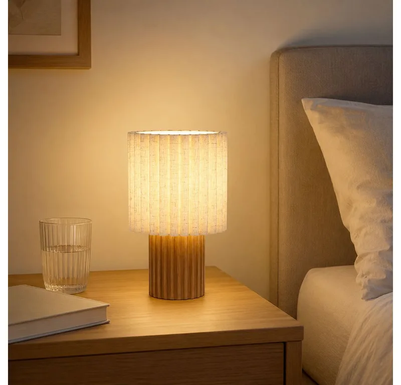 Nachttischlampe, Leuchtmittel nicht inklusive, Tischleuchte Holz Textil Schalter am Kabel Tischlampe H 30 cm fra Globo i Brun – produktbillede 3 af 5