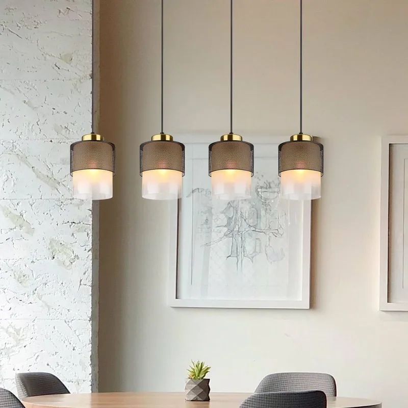 Olga hanglamp, lengte 91 cm, zwart, 4-lamps, metaal/glas fra Globo i Matzwart, Messingkleurig, Gesatineerd, Gennemsigtig – produktbillede