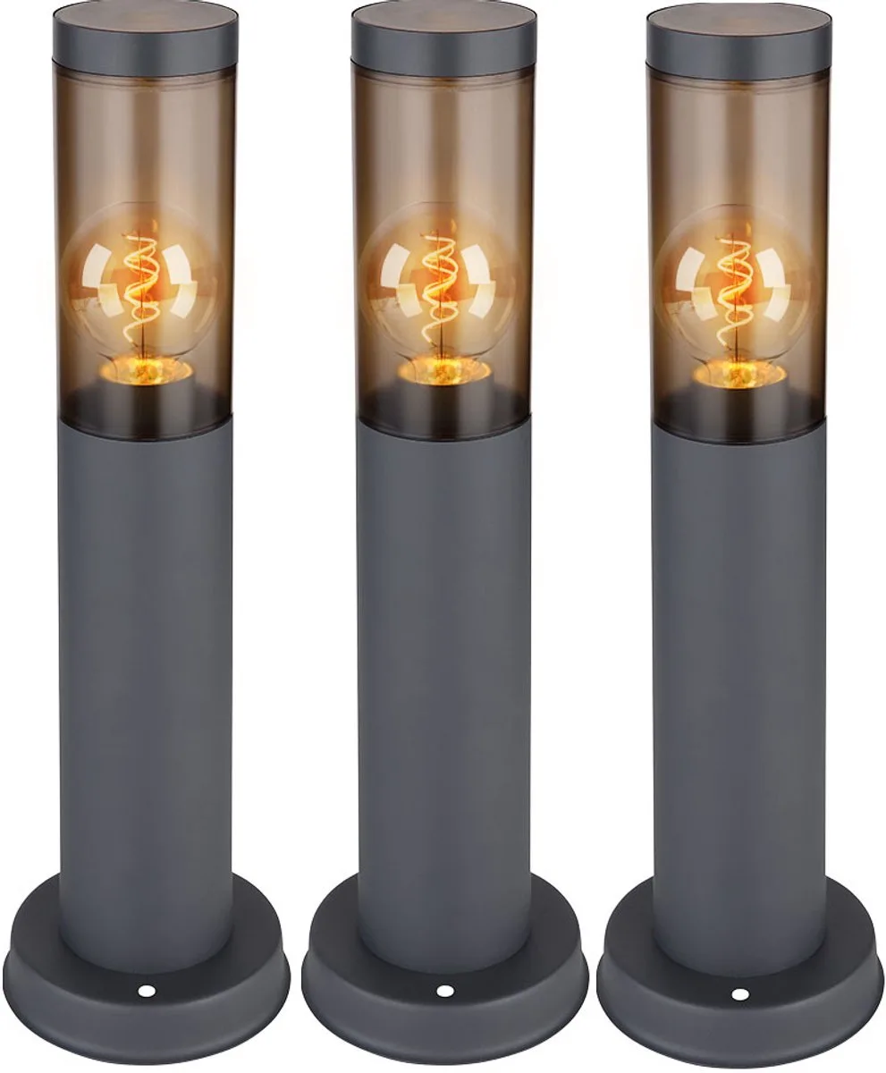 Padlamp meerpaallamp buitenvoet tuinlampen antraciet, balkon vloerlamp, roestvrij staal smoke-kleurig, 1x E27 fitting, DxH 7,6x45cm, set van 3 fra Globo i Grå – produktbillede