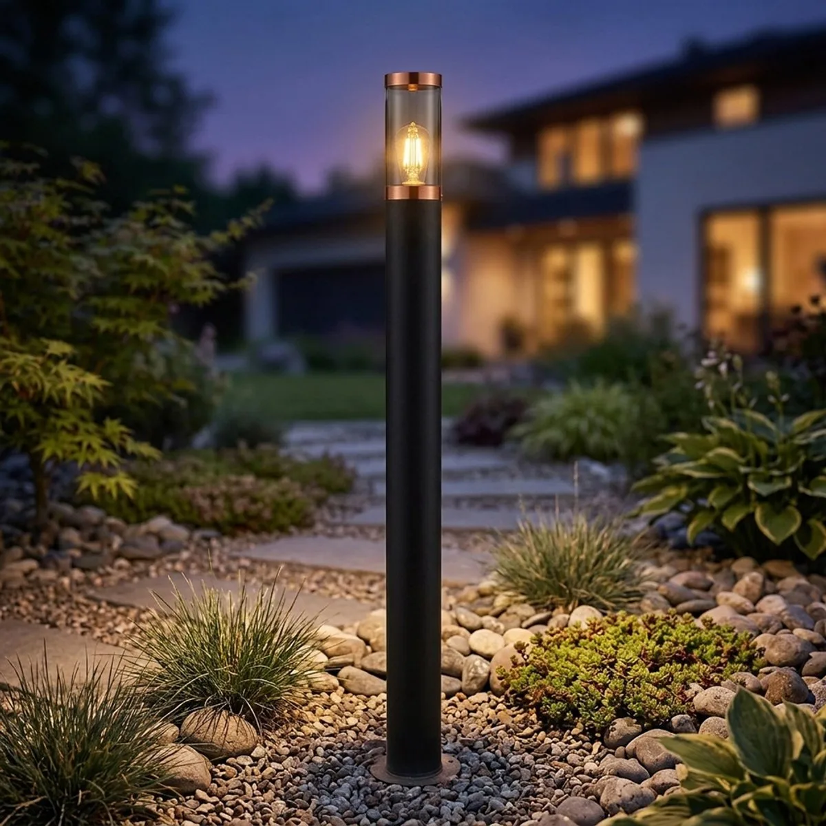 Padlamp meerpaalverlichting buiten tuinlampen IP44, vloerlamp terras balkon, roestvrij staal koper rookkleurig, 1x E27 fitting, DxH 12,7x110cm fra Globo i Sort – produktbillede