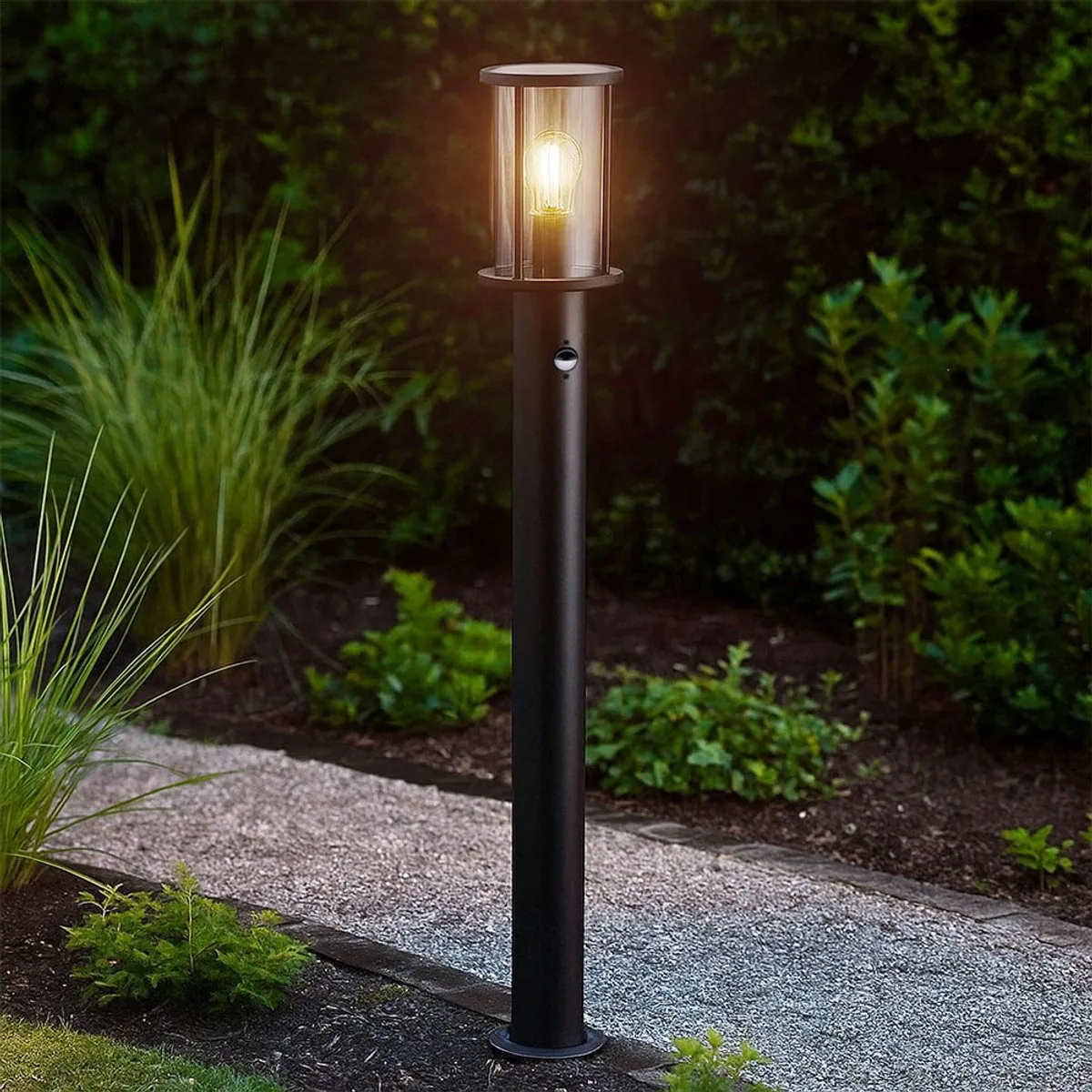 Padlamp vloerlamp tuinlamp buitenlamp roestvrij staal glas bewegingsmelder, zwarte rook, LED 7W 806Lm warm wit, DxH: 14.3x100cm de Globo en Noir – photo produit