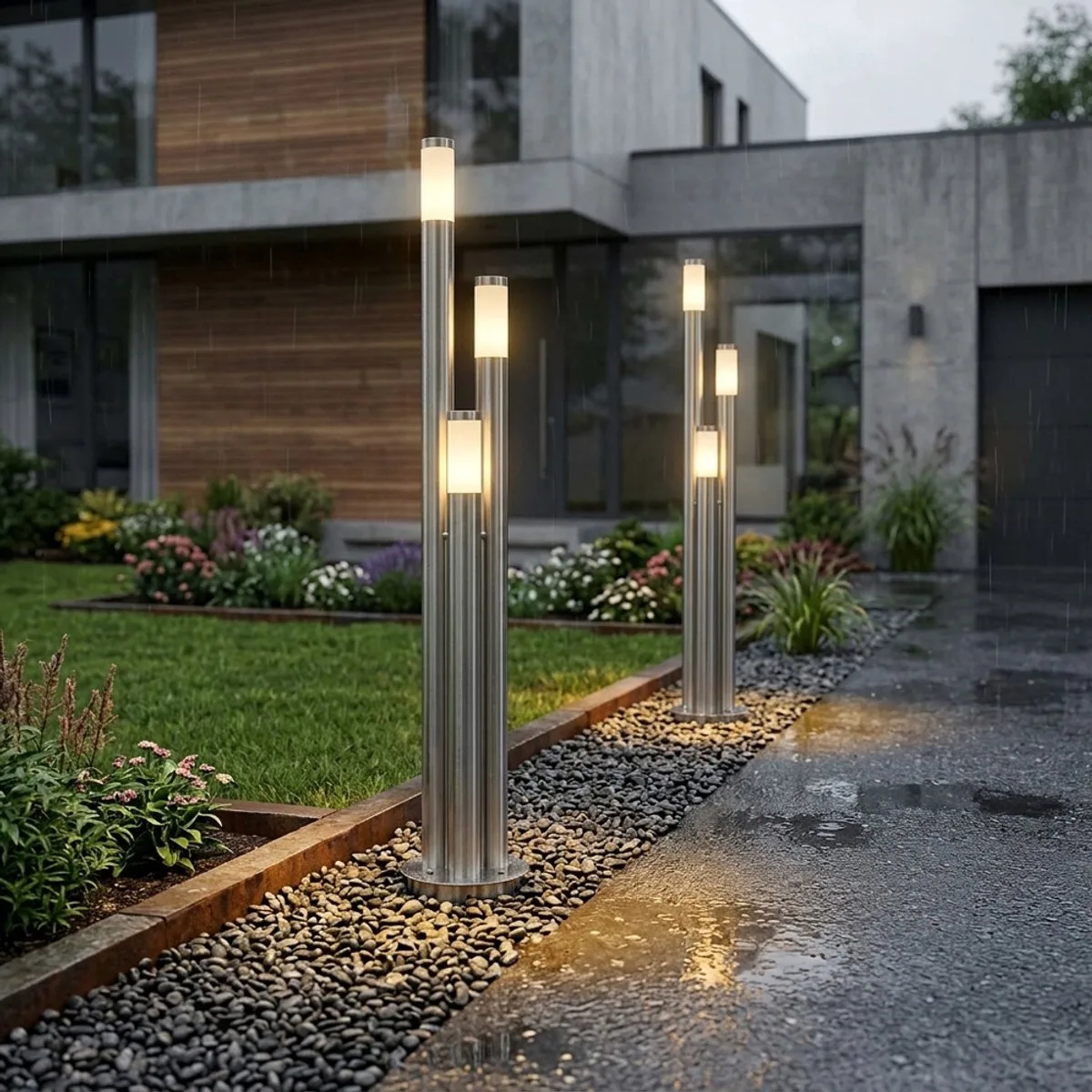 Padverlichting buiten roestvrij staal LED vloerlamp buiten groot, tuinlamp 170 cm3 kolommen, 3x 11W 3x 1055lm warm wit, D 28 cm de Globo en Argent – photo produit
