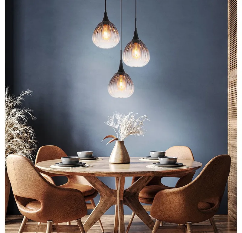 Pendelleuchte, Leuchtmittel inklusive, Warmweiß, Hängelampe Pendelleuchte Esstischlampe Rauchglas 3 flammig de Globo en Noir – photo produit