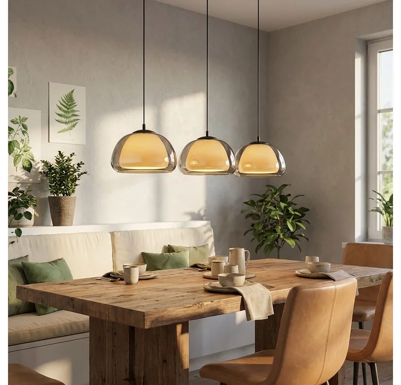 Pendelleuchte, Leuchtmittel inklusive, Warmweiß, LED Pendelleuchte Metall Glas Rauchoptik Opal 3-flammig de Globo en Noir – photo produit