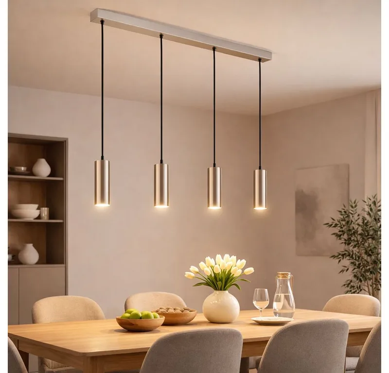 Pendelleuchte, Leuchtmittel inklusive, Warmweiß, Pendellampe Esszimmerleuchte 4-flammig LED Metall chrom 3000K L 65cm de Globo en Argent – photo produit