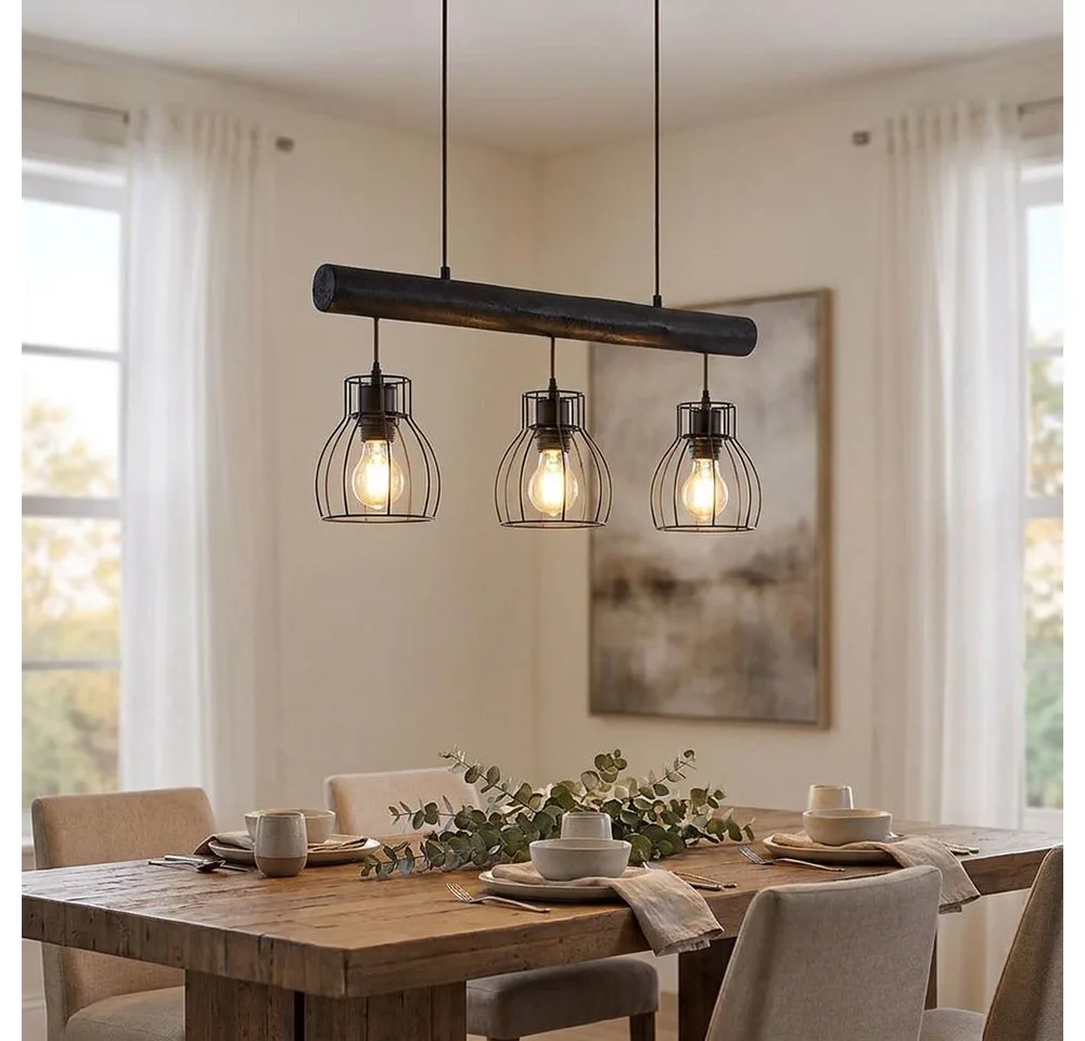 Pendelleuchte, Leuchtmittel nicht inklusive, Vintage Pendelleuchte Holzstab Retro Hängelampe Holzleuchte Mit de Globo en Noir – photo produit