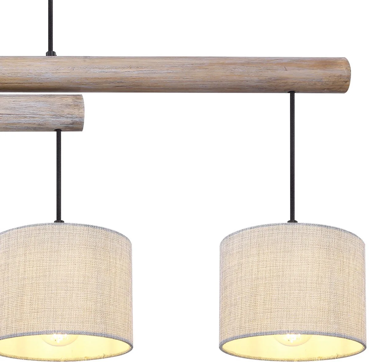 Plafond hanglamp in hoogte verstelbaar eetkamer plafondlamp hout balk rustiek, stoffen kappen grijs, metaal zwart, LxBxH 113x18x120 cm de Globo en Beige – photo produit
