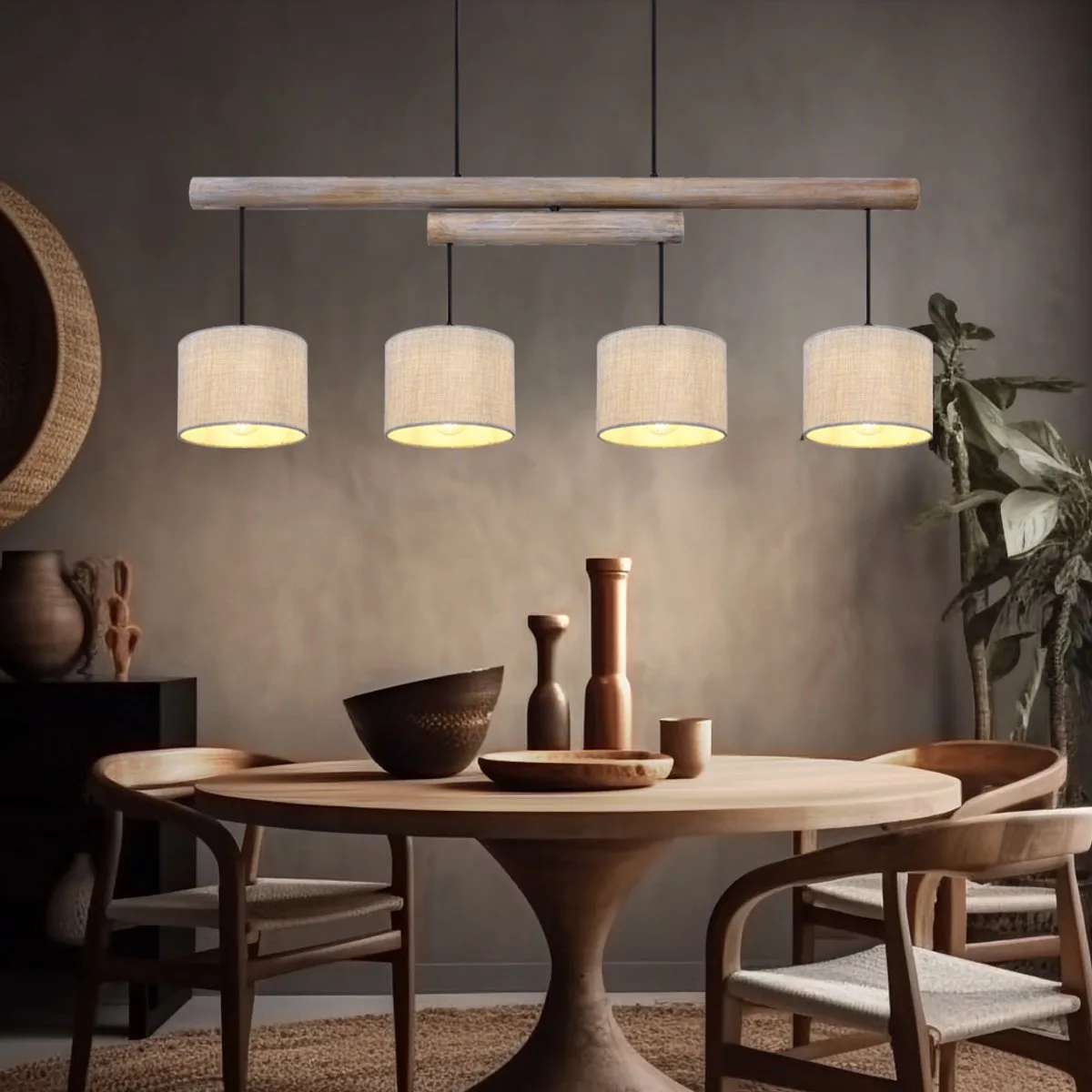 Plafond hanglamp in hoogte verstelbaar eetkamer plafondlamp hout balk rustiek, stoffen kappen grijs, metaal zwart, LxBxH 113x18x120 cm von Globo in Beige – Produktfoto
