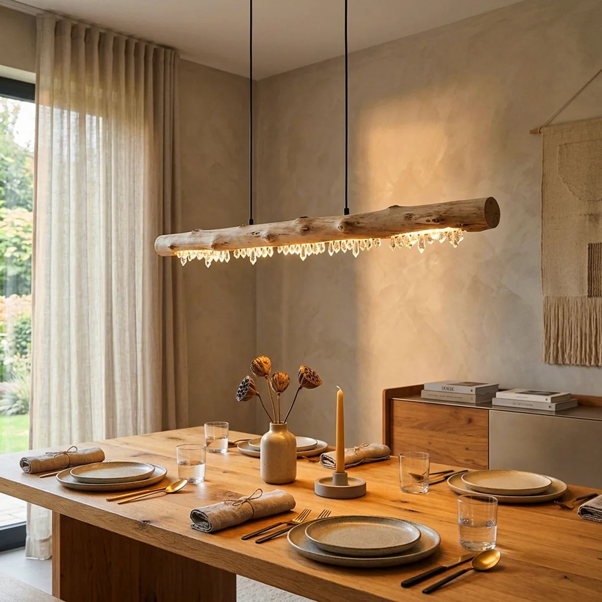 Plafond hanglamp van hout met kristal decor houten balken hanglamp landelijke stijl, 1x LED 15 watt 980 lumen warm wit, LxBxH 100x8x150cm, woonkamer eetkamer von Globo in Schwarz – Produktfoto