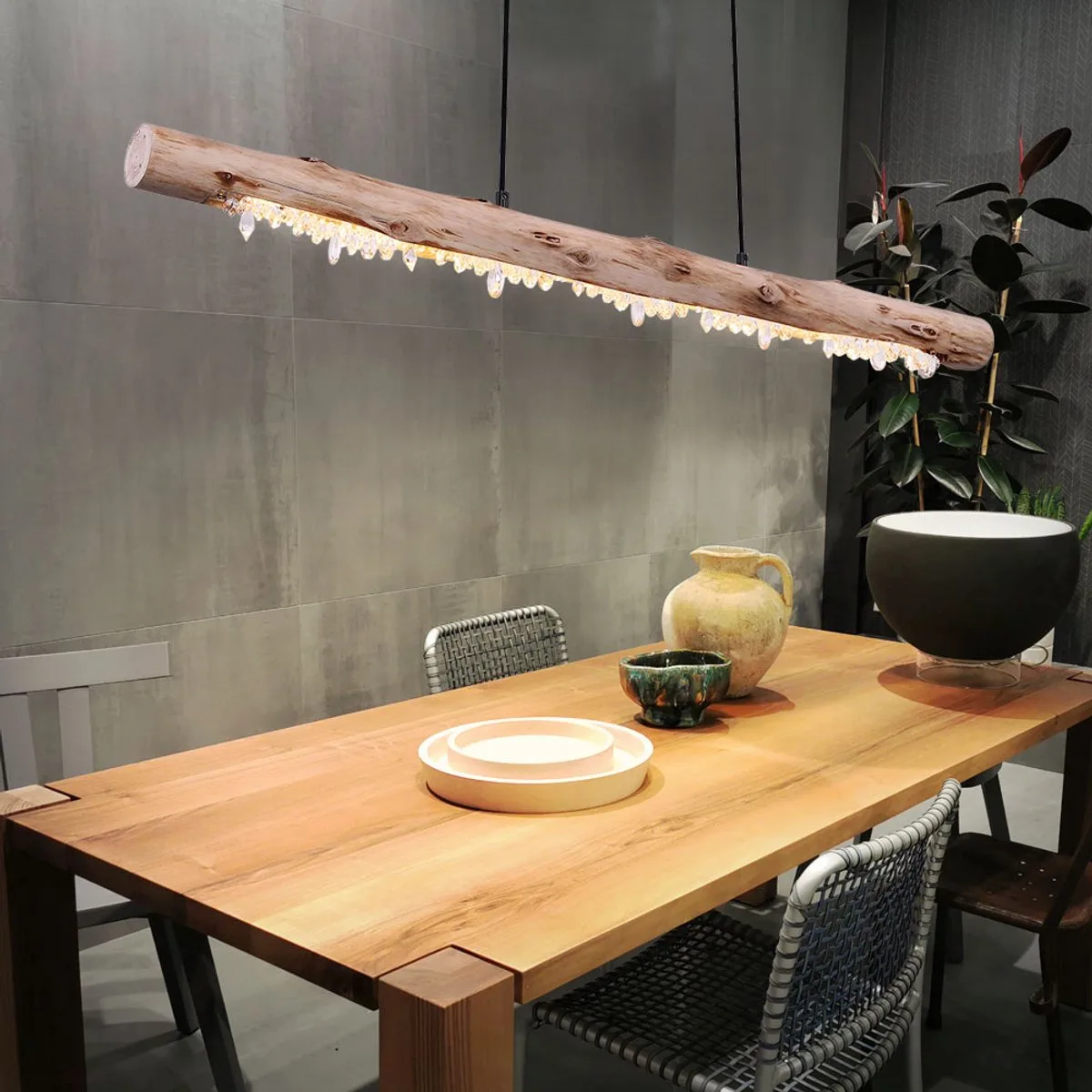 Plafond hanglamp van hout met kristal decor houten balken hanglamp landelijke stijl, 1x LED 15 watt 980 lumen warm wit, LxBxH 100x8x150cm, woonkamer eetkamer de Globo en Marron – photo produit