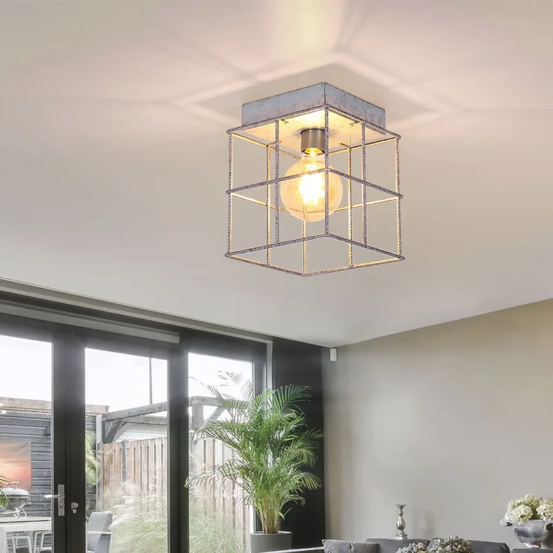 Plafondlamp 1 vlam plafondlamp woonkamer industriële spot E27, metalen rooster zinkkleurig, 1x E27 fitting, LxBxH 20x20x20 cm de Globo en Argent – photo produit