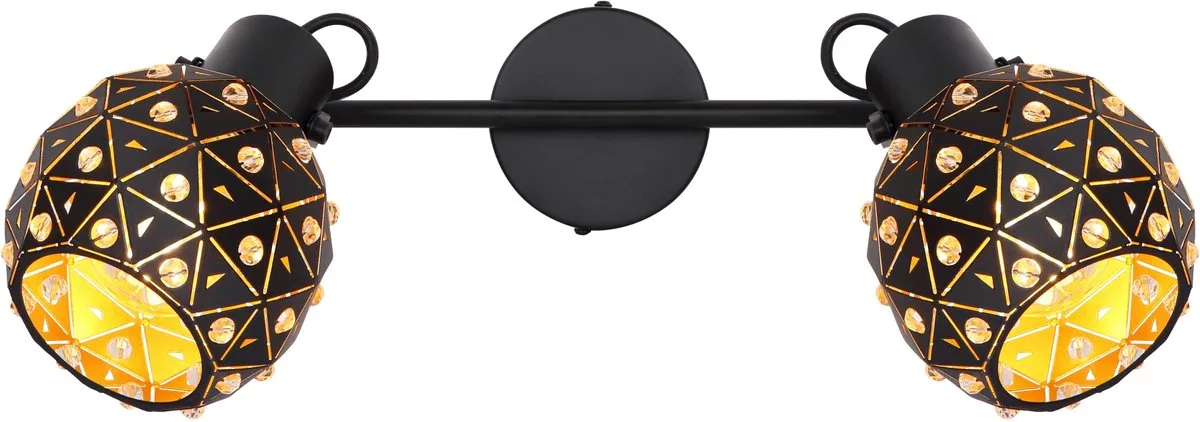 Plafondlamp 2-lichts metalen kristallen eetkamer design plafondlamp met beweegbare spots, metaal zwartgoud, 2x E27, LxBxH 35x12x26 cm de Globo en Noir – photo produit
