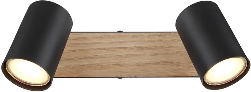 Plafondlamp 2 vlammen verstelbaar Spotlamp zwart houtlook met verstelbare spots, zwart metaal, 2x GU10 stopcontacten, LxBxH 26x6x13,5 cm von Globo in Schwarz – Produktfoto