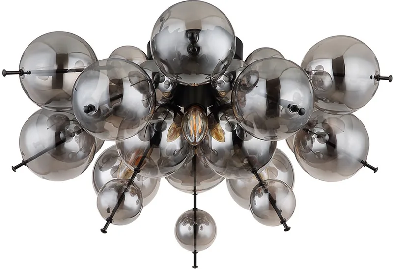 Plafondlamp 3 vlammen woonkamer glazen bol gerookt zwart, metaal glas, 3x E14 stopcontacten, DxH 55x28 cm de Globo en Gris – photo produit