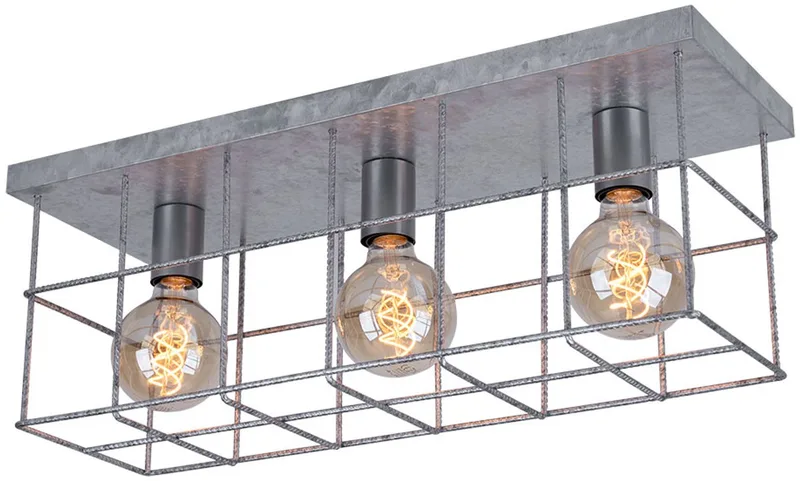 Plafondlamp 3 vlammen woonkamer industriële spot E27, metalen rooster zinkkleurig, 3x E27 stopcontacten, LxBxH 60x20x25,8 cm von Globo in Silber – Produktfoto