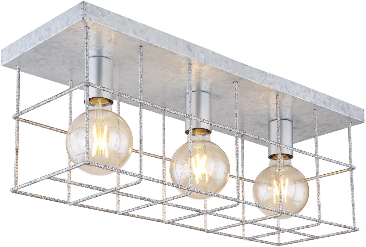 Plafondlamp 3 vlammen woonkamer industriële spot E27, metalen rooster zinkkleurig, 3x E27 stopcontacten, LxBxH 60x20x25,8 cm de Globo en Argent – photo produit
