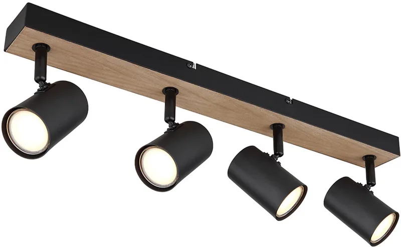 Plafondlamp 4 vlammen beweegbare spot zwart hout look met verstelbare spots, zwart metaal, 4x GU10 stopcontacten, LxBxH 55,5x6x13,5 cm fra Globo i Sort – produktbillede