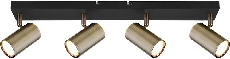 Plafondlamp 4 vlammen beweegbare spot zwart met verstelbare spots, metaal antiek 4x GU10 stopcontact, LxBxH 56x6x12 cm fra Globo i Messing – produktbillede